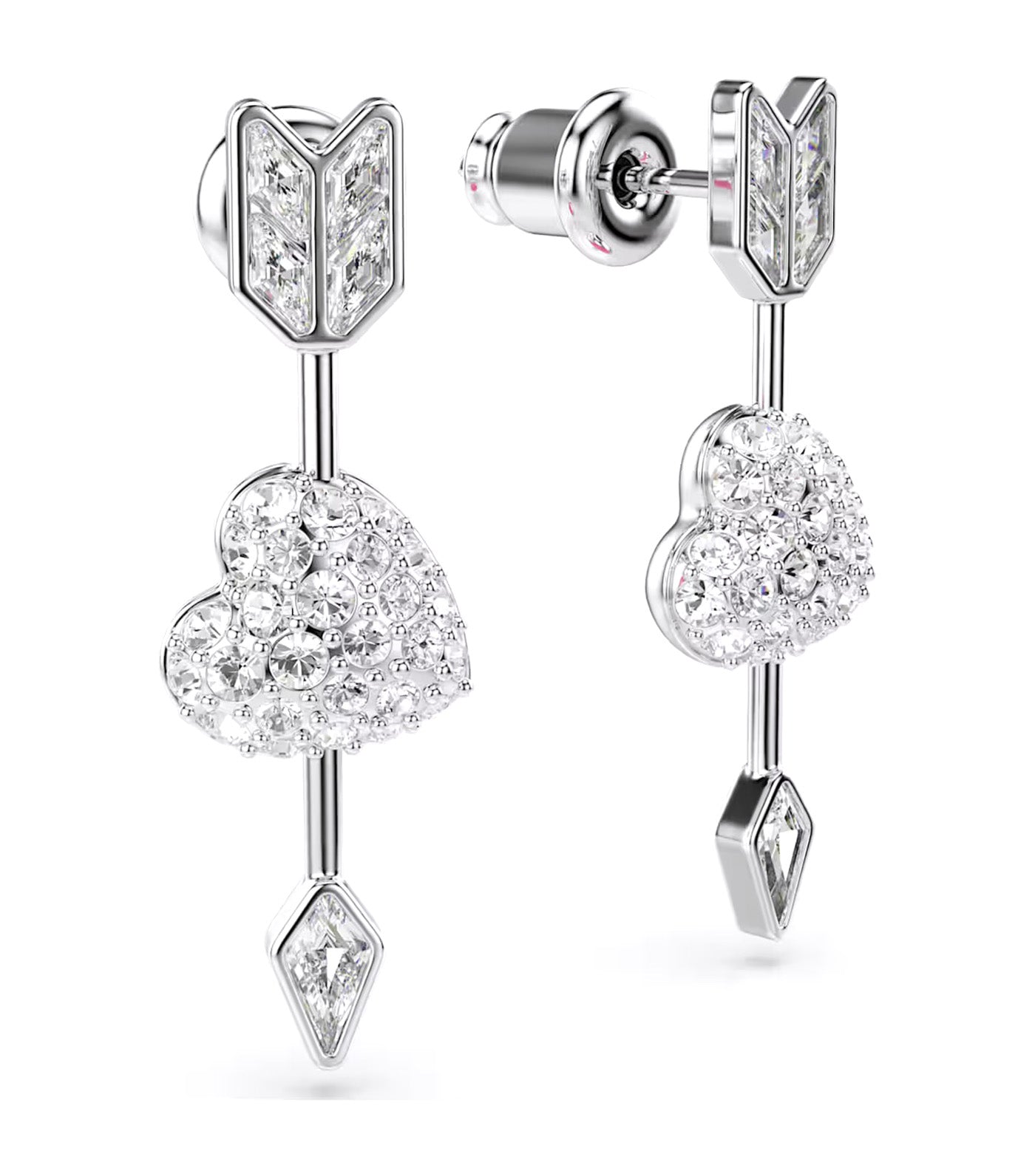 Idyllia Drop Earrings Mixed Cuts, Heart with Arrow, Rhodium Plated, White