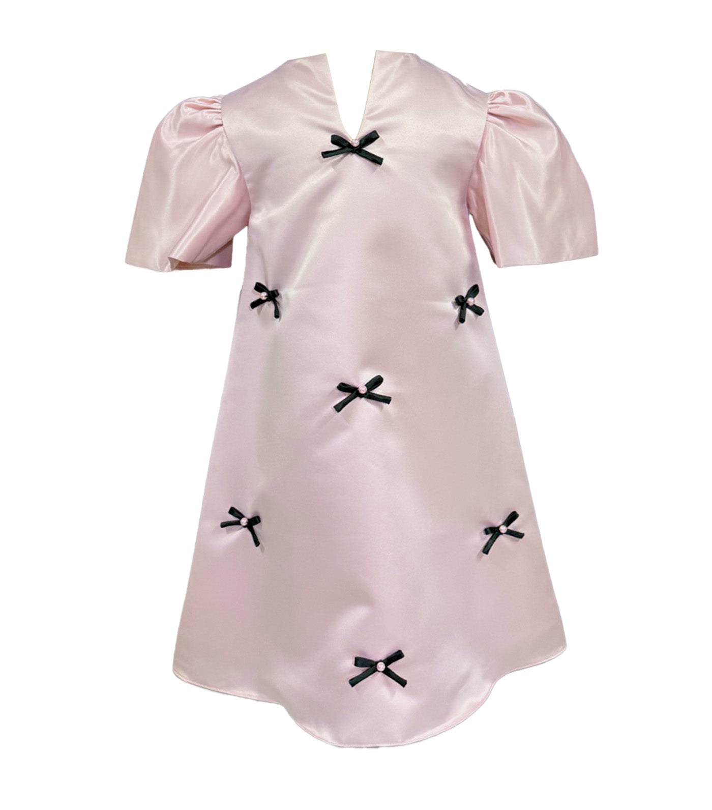 Joanna Satin A-Line Dress with Shirred Sleeves and Scattered Bows with Pearls Pink