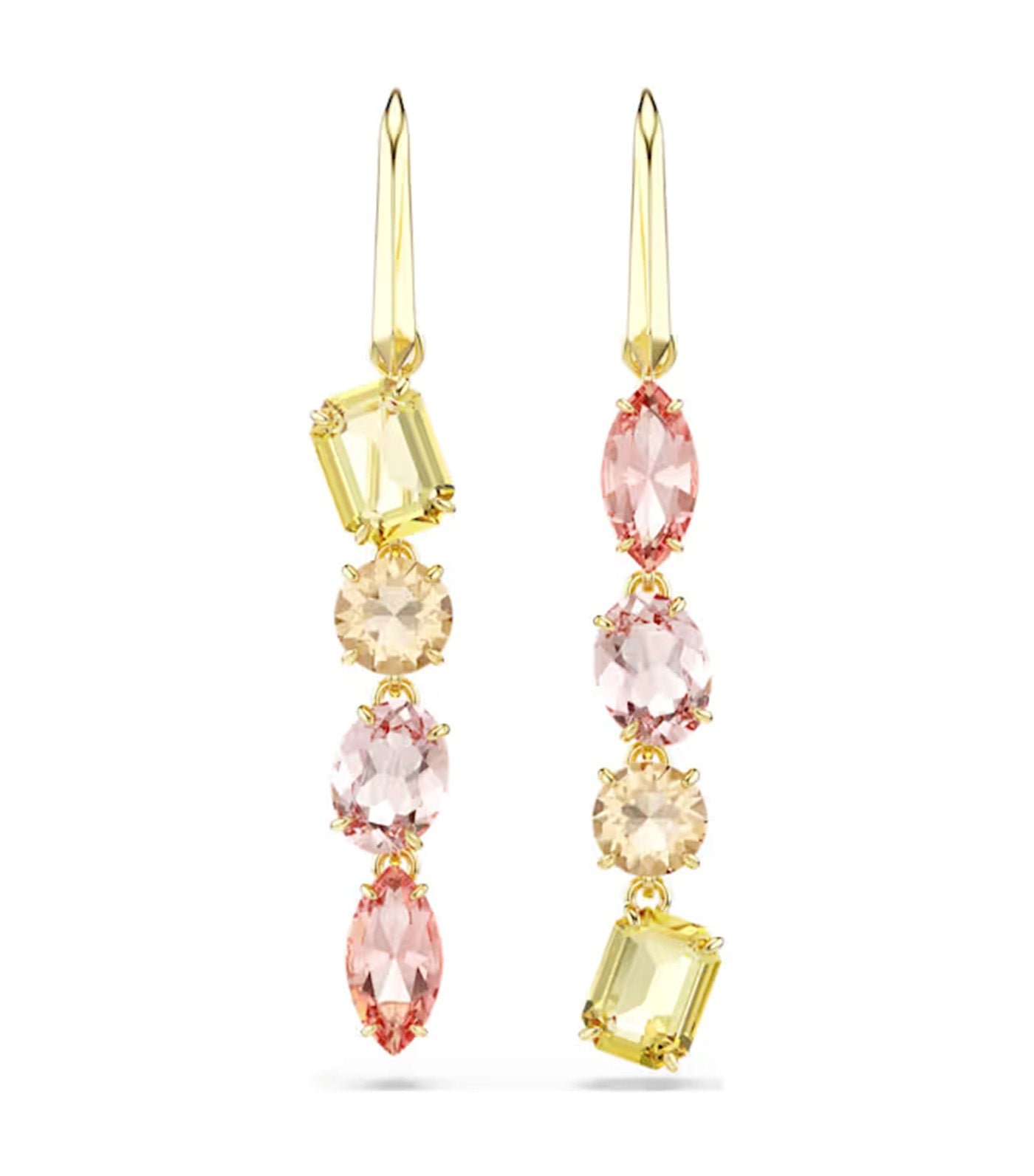 Gema Drop Earrings Asymmetrical Design, Mixed Cuts, Pink, Gold-Tone Plated