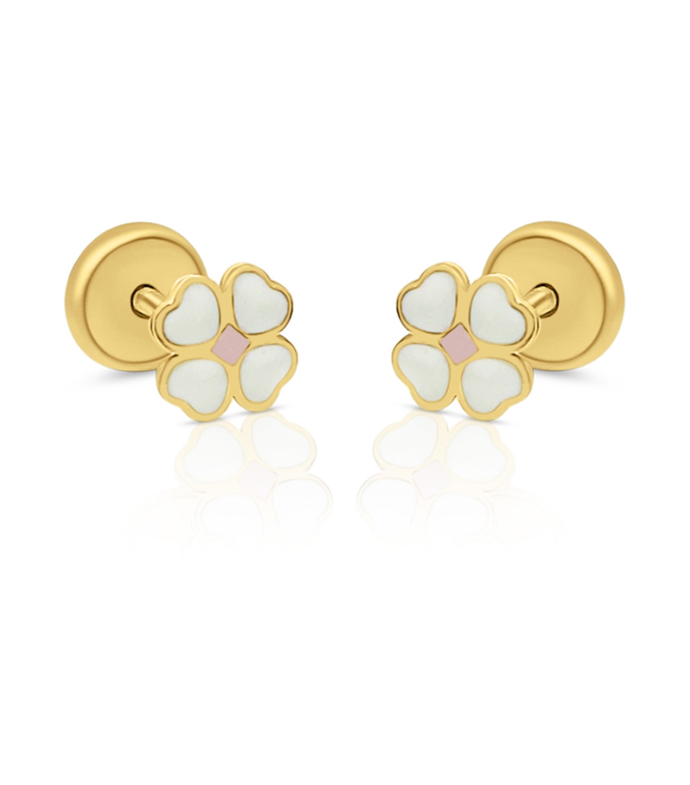 18K Enamel White Flower Earrings Yellow Gold