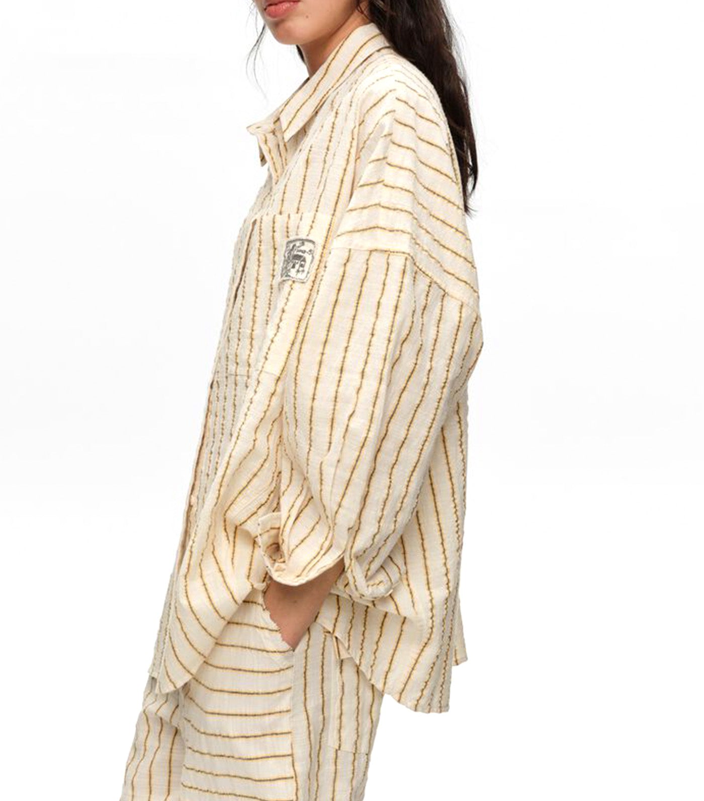 Oversized Cotton Shirt with Ochre Stripe Texture