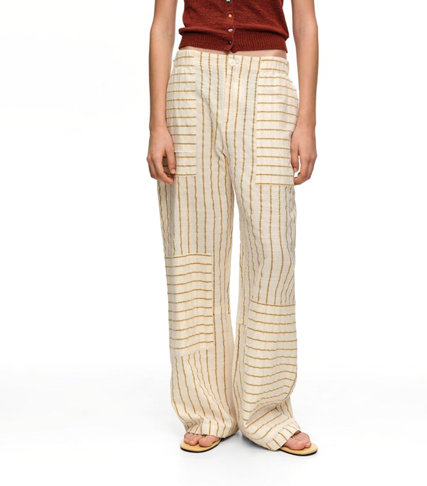 Bimba Y Lola Cotton Patchwork Jogger Trousers with Stripes Ochre 