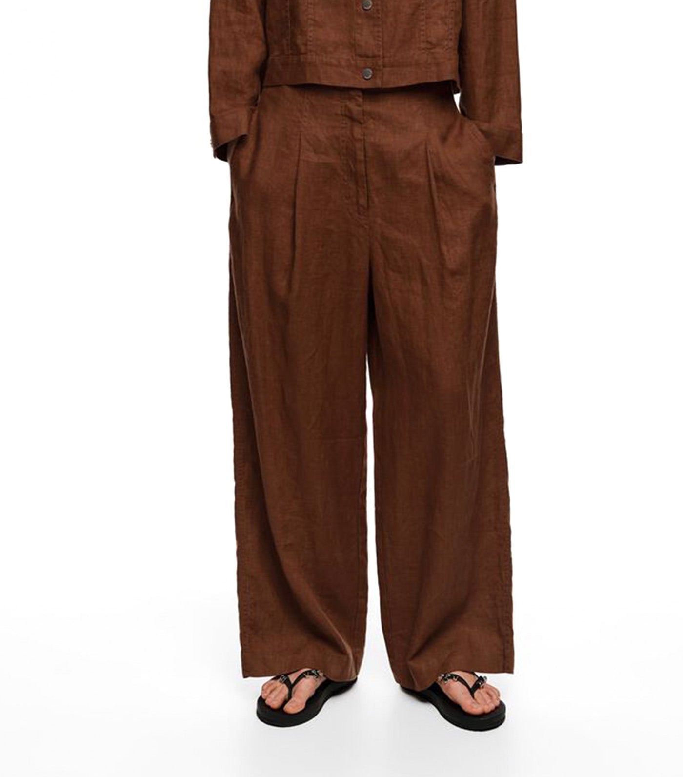 Bimba Y Lola Linen Straight-Leg Trousers with Darts Washed Brown