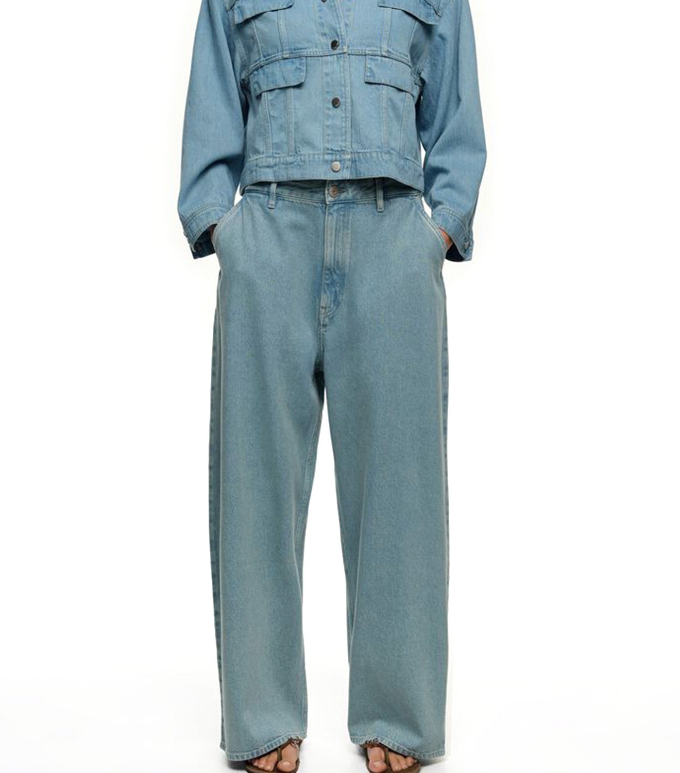 Wide Leg Washed Denim Trousers Light Blue