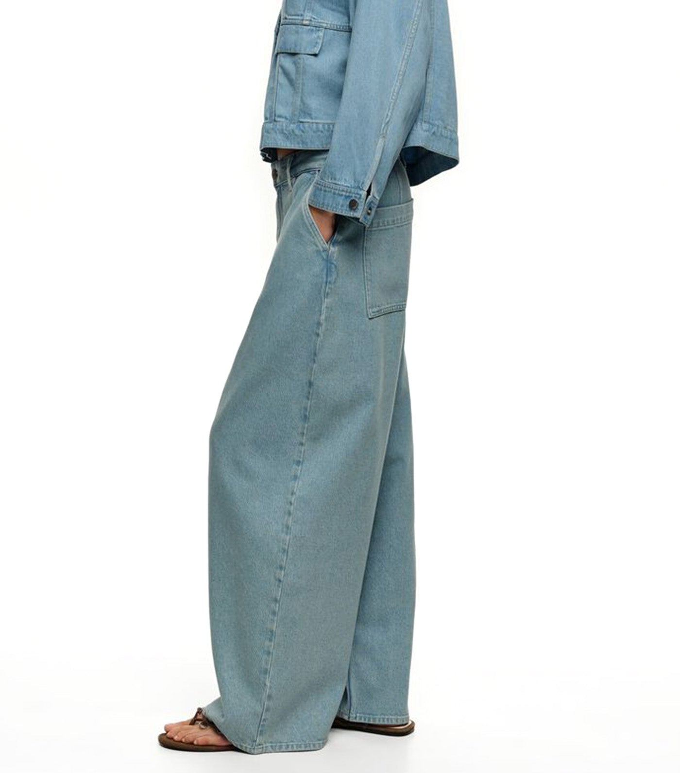 Wide Leg Washed Denim Trousers Light Blue