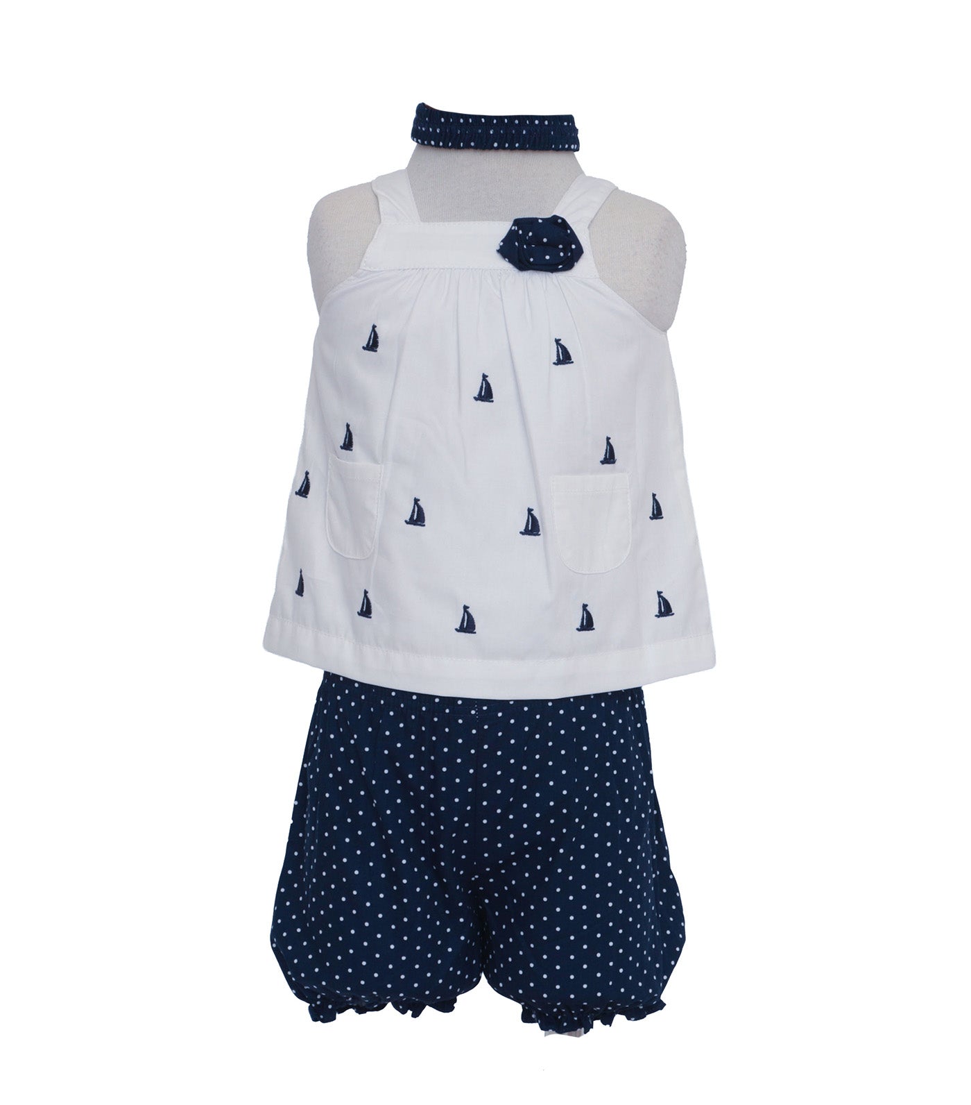 Haltered Embroidered Top with Bloomers and Headband Sailboat