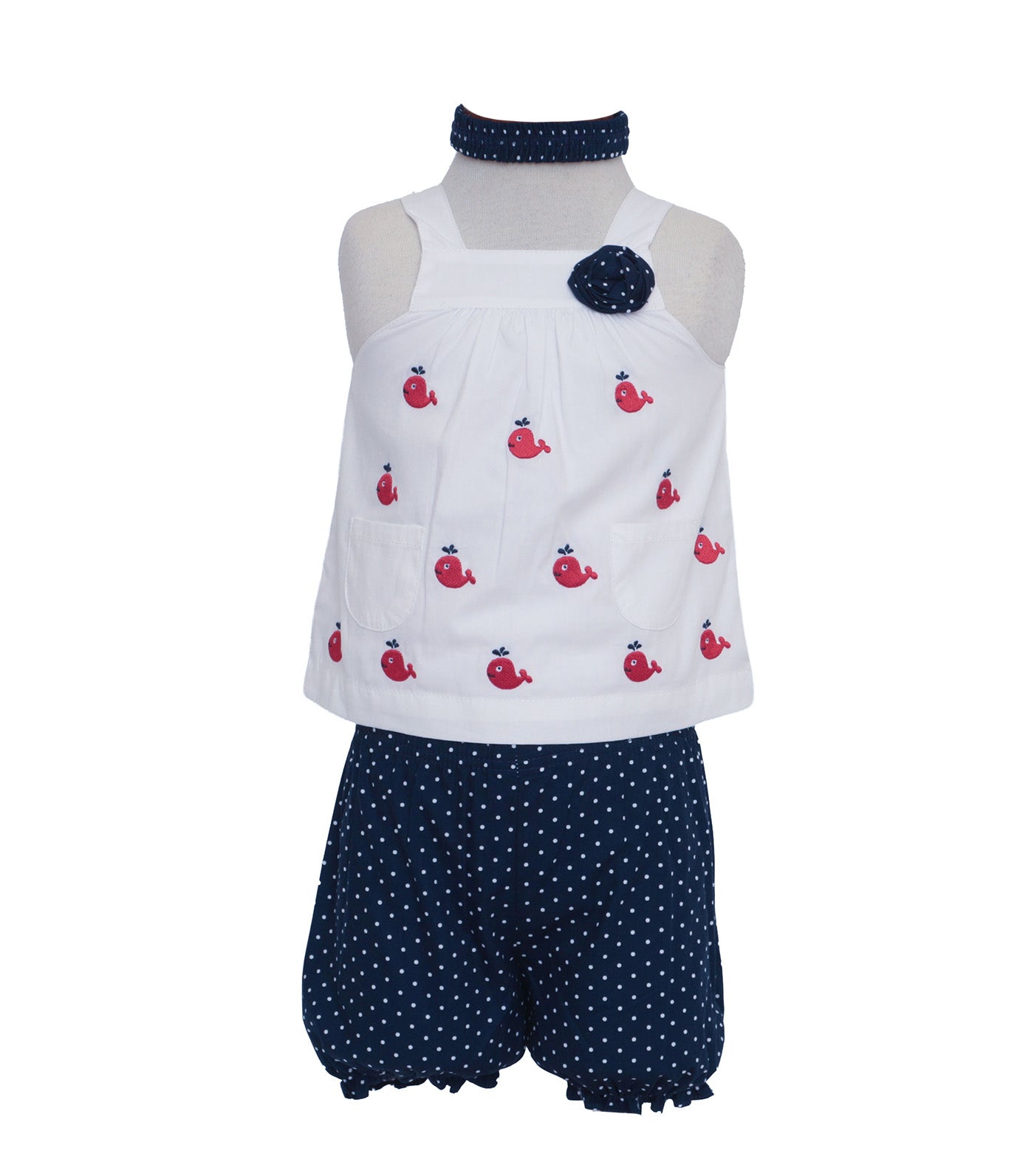 Haltered Embroidered Top with Bloomers and Headband Red Whale