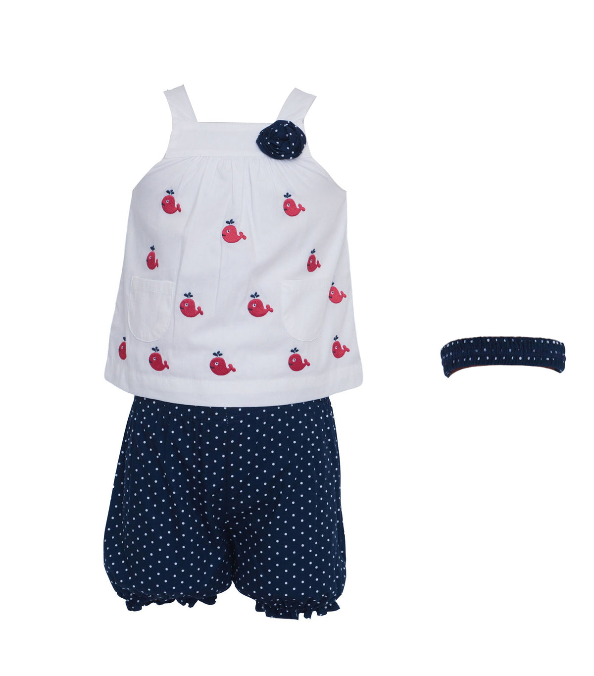Haltered Embroidered Top with Bloomers and Headband Red Whale