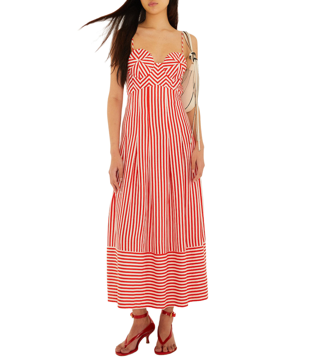 Checkered Stripes Off White Sleeveless Maxi Dress Red