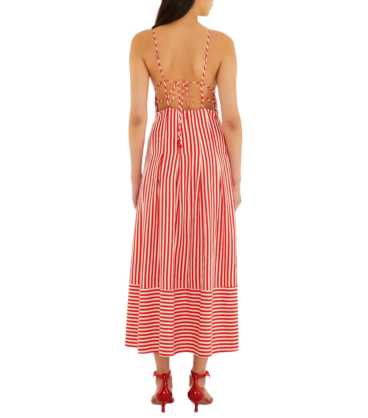 Checkered Stripes Off White Sleeveless Maxi Dress Red