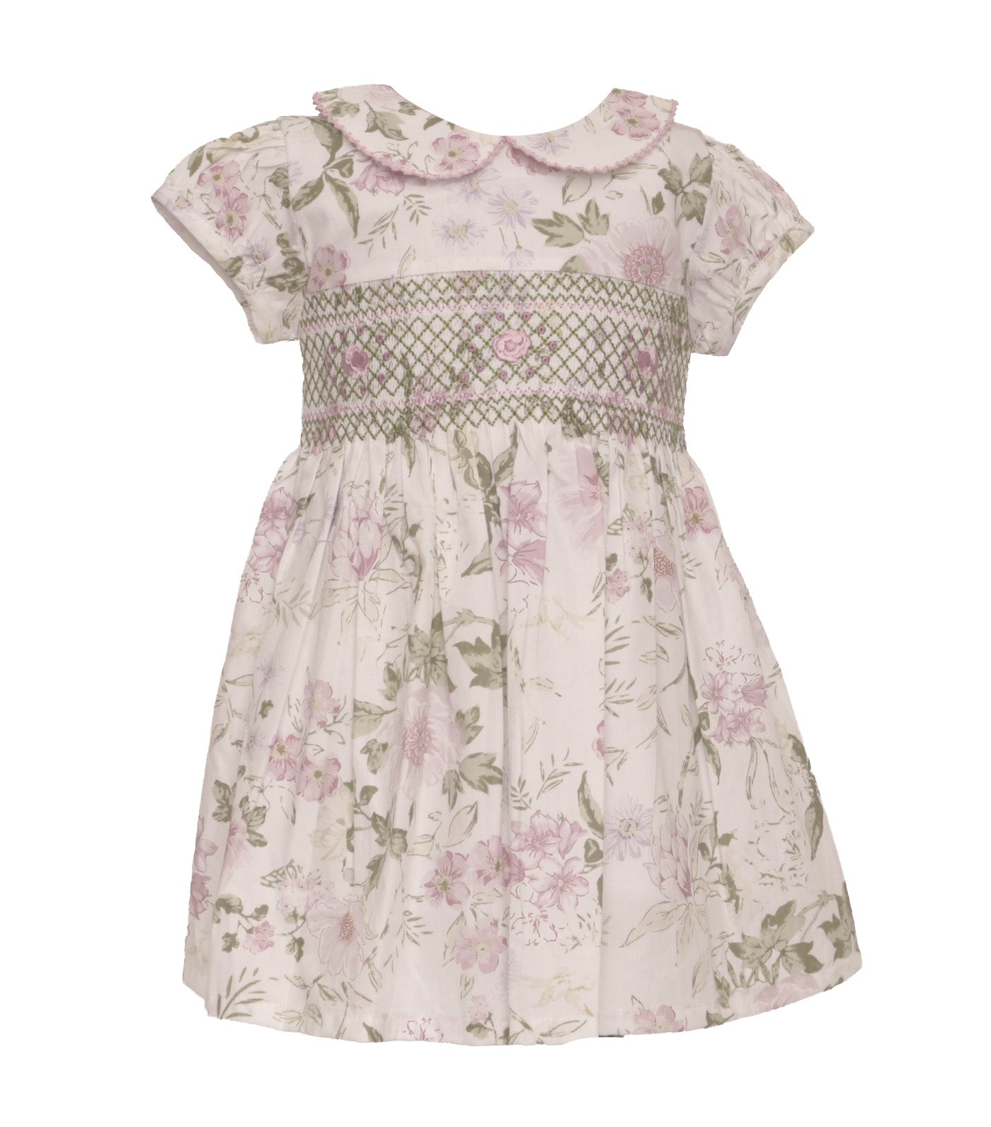 Floral Smocked Dress White/Pink/Green Flowers