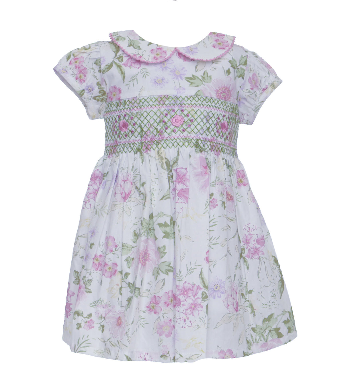 Floral Smocked Dress White/Pink/Green Flowers