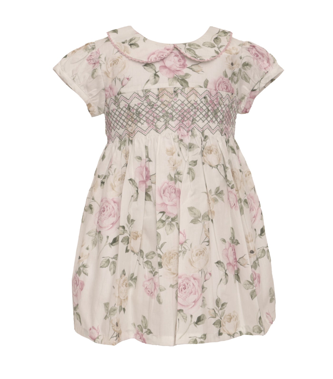 Floral Smocked Dress Light Green/Pink Roses