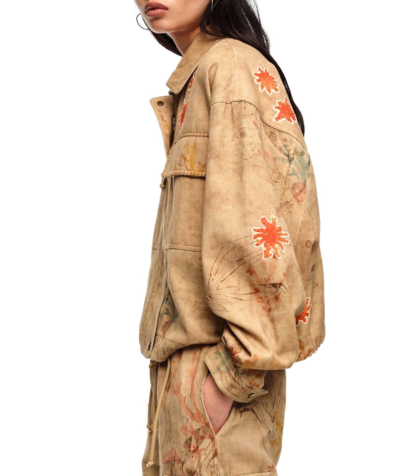 Short Jacket with Stitching and Underwater Patches Brown