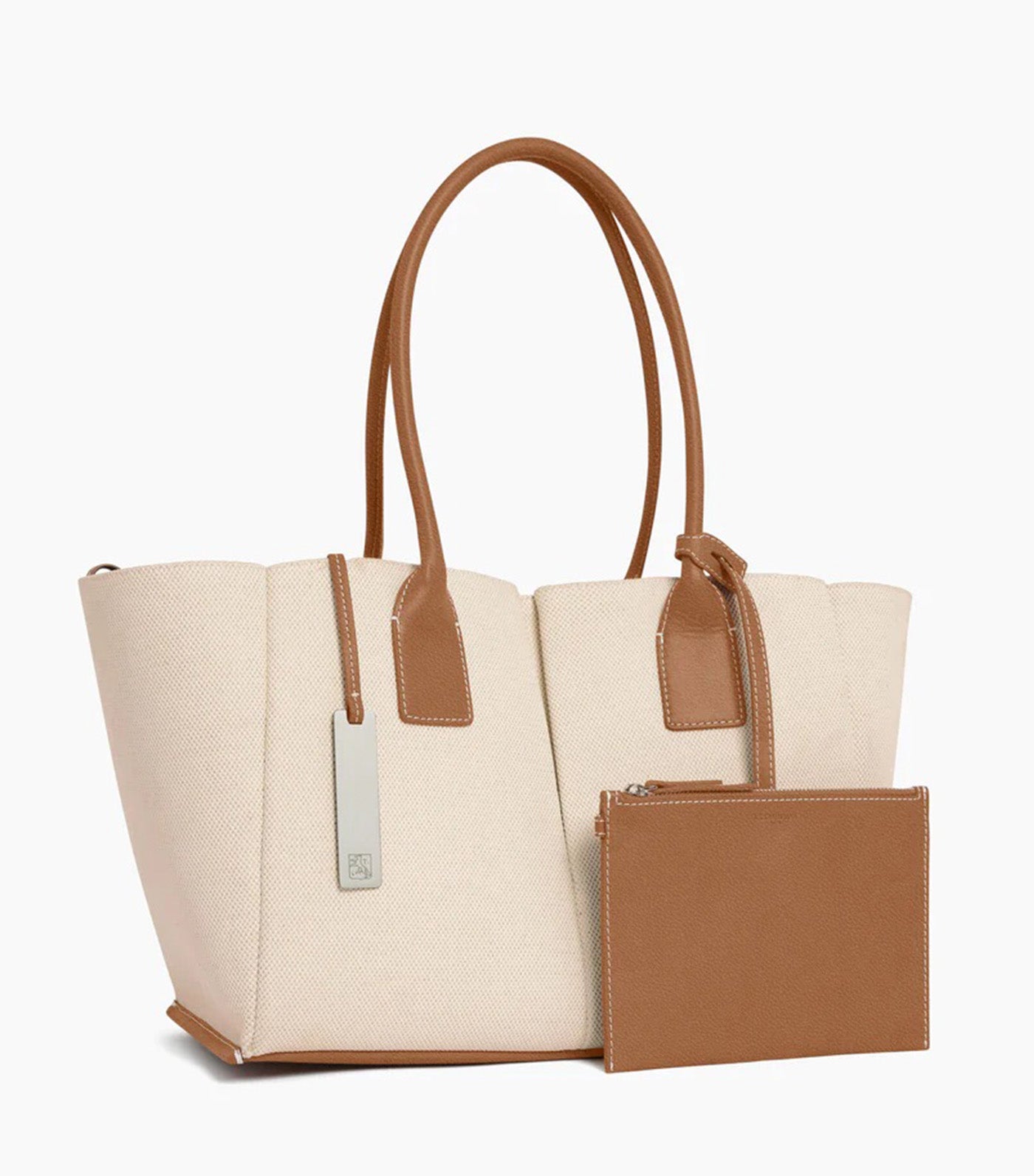 Le Tanneur Elena Large Tote Bag in Cotton Canvas and Grained Leather Natural Brown Tan