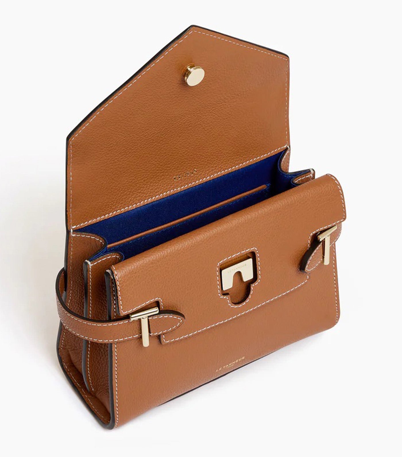 Le Tanneur Emily Small Double Flap Handbag in Grained Leather Brown Tan