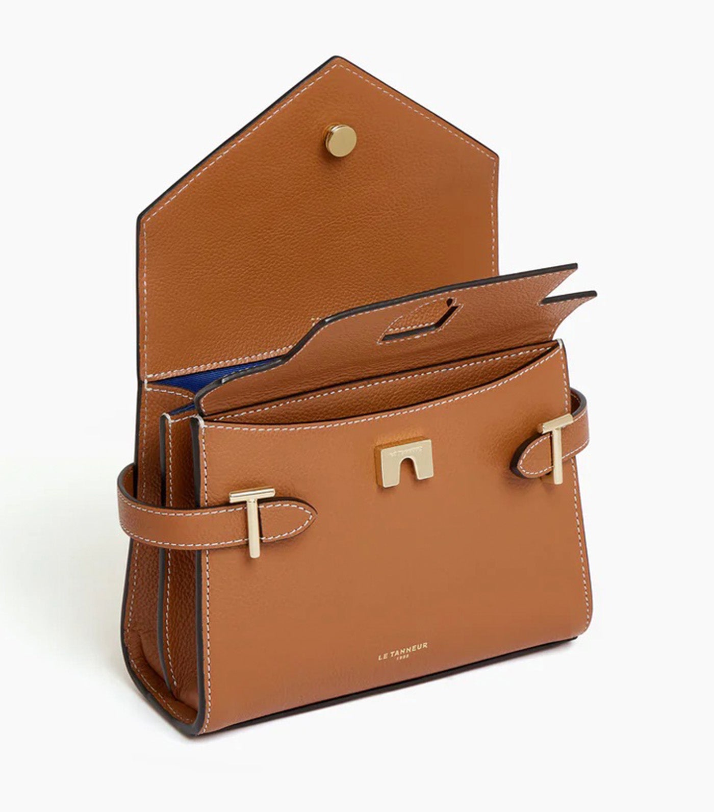 Le Tanneur Emily Small Double Flap Handbag in Grained Leather Brown Tan