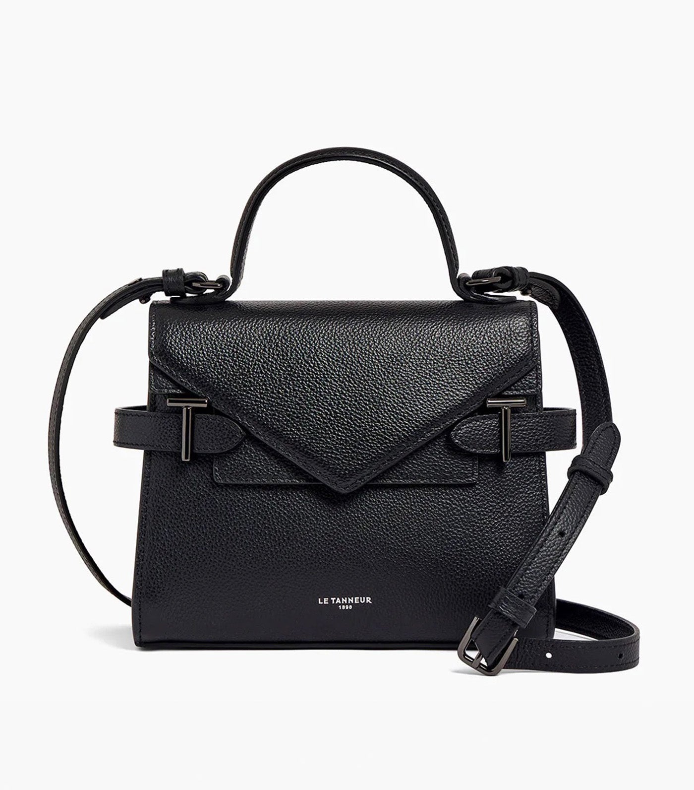 Le Tanneur Emily Small Double Flap Handbag in Grained Leather Black
