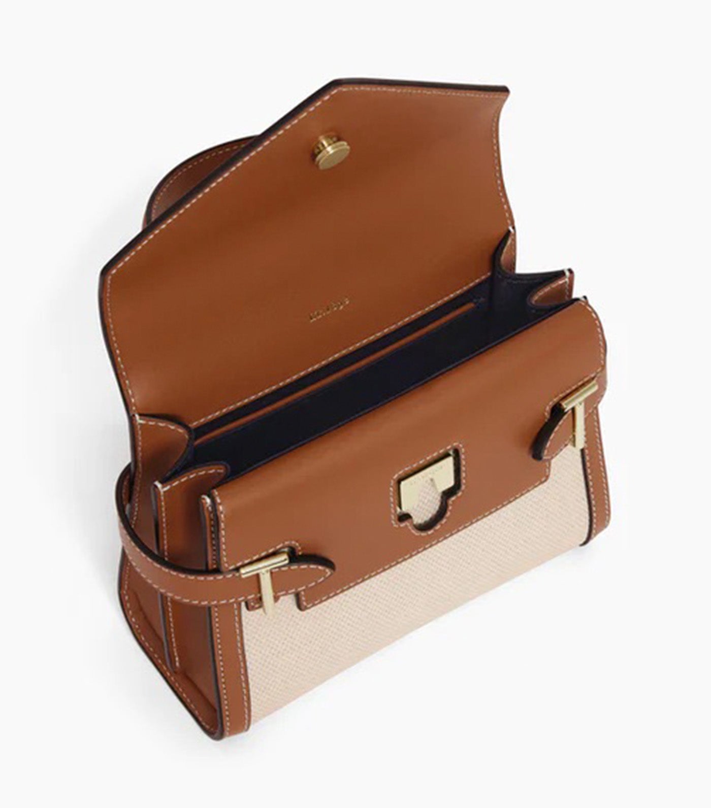 Le Tanneur Emily Small Double Flap Handbag in Cotton Canvas and Smooth Leather Natural Brown Tan