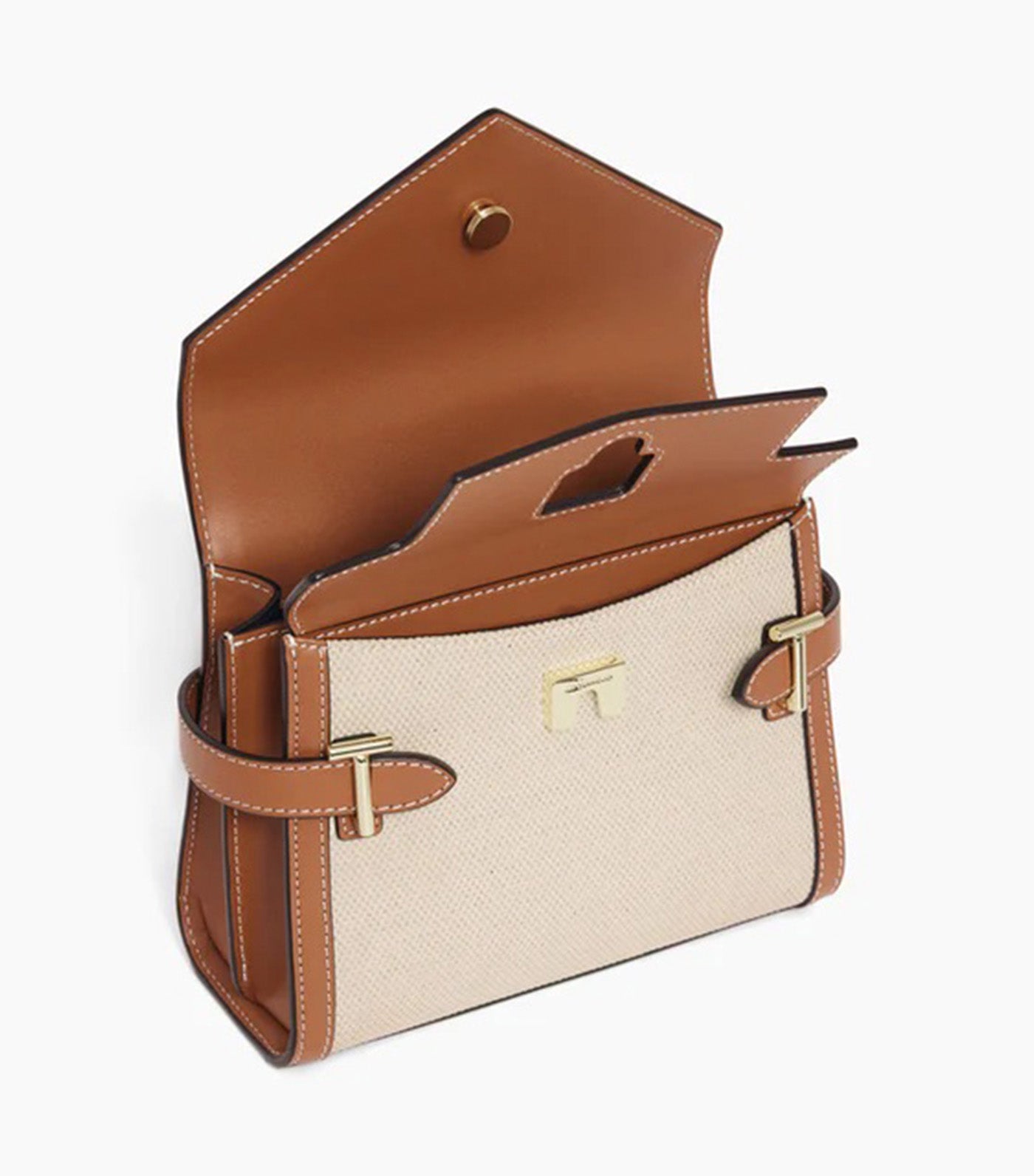 Le Tanneur Emily Small Double Flap Handbag in Cotton Canvas and Smooth Leather Natural Brown Tan