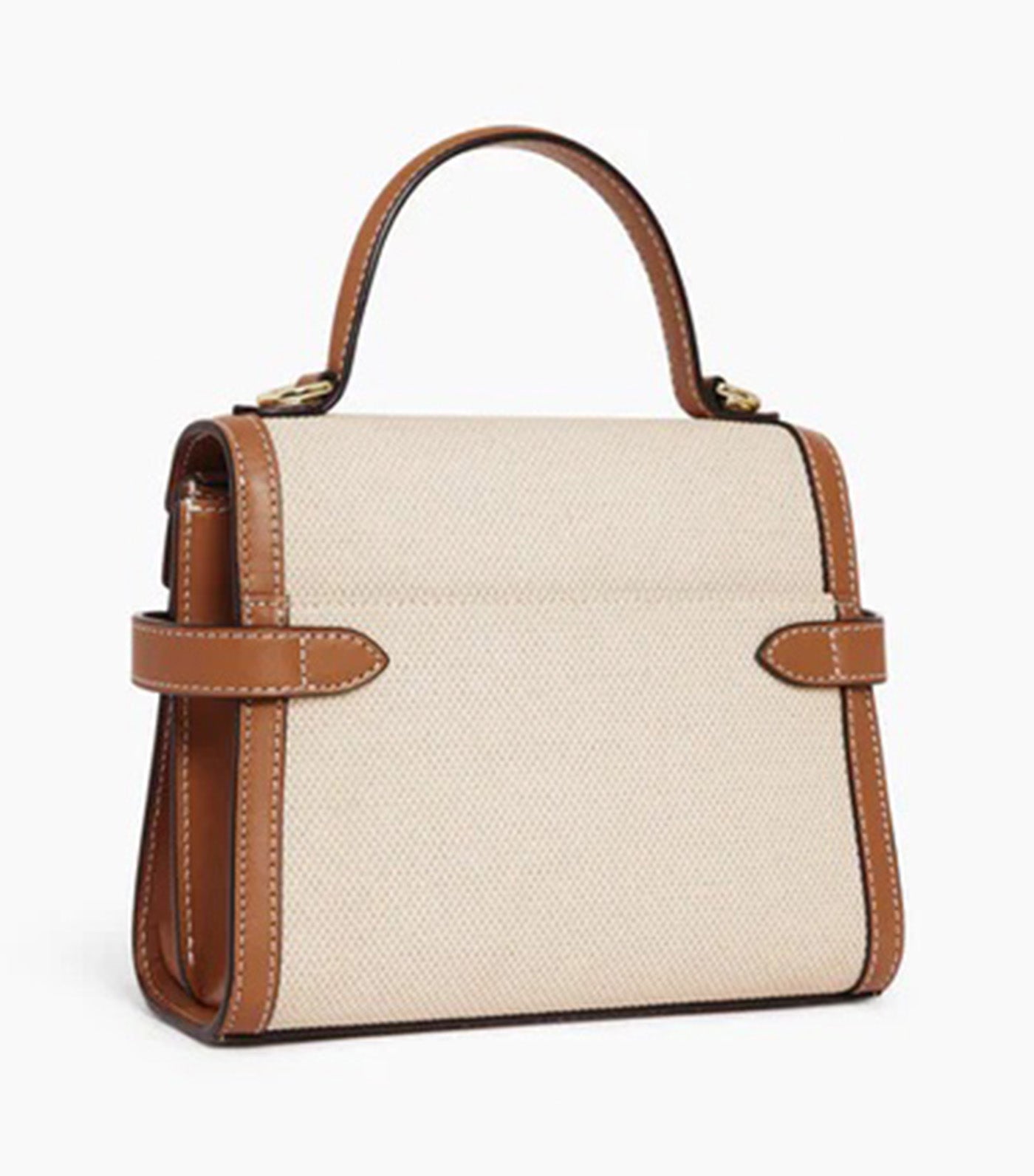 Le Tanneur Emily Small Double Flap Handbag in Cotton Canvas and Smooth Leather Natural Brown Tan