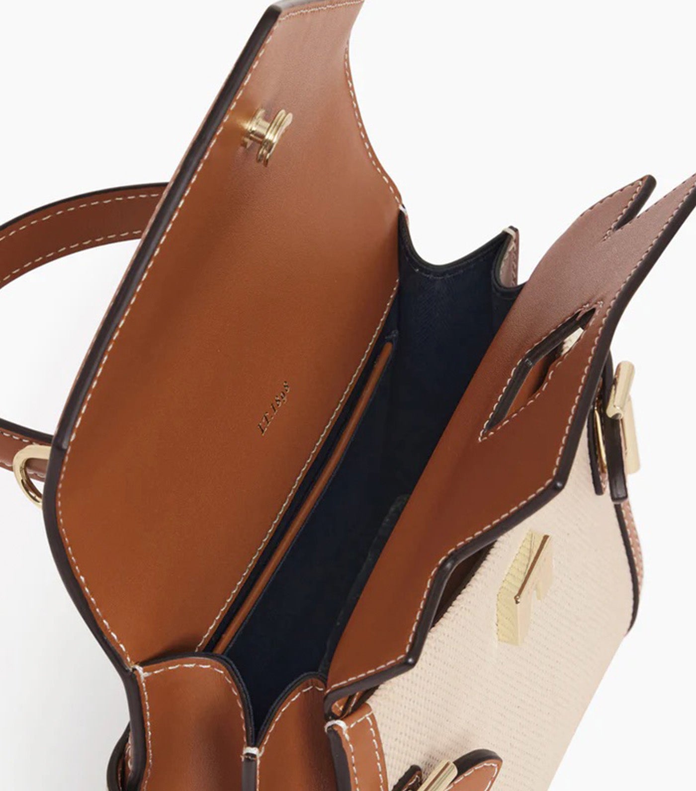 Le Tanneur Emily Small Double Flap Handbag in Cotton Canvas and Smooth Leather Natural Brown Tan