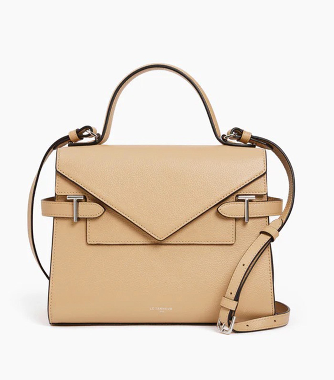 Le Tanneur Emily Medium Double Flap Handbag in Grained Leather Desert Beige
