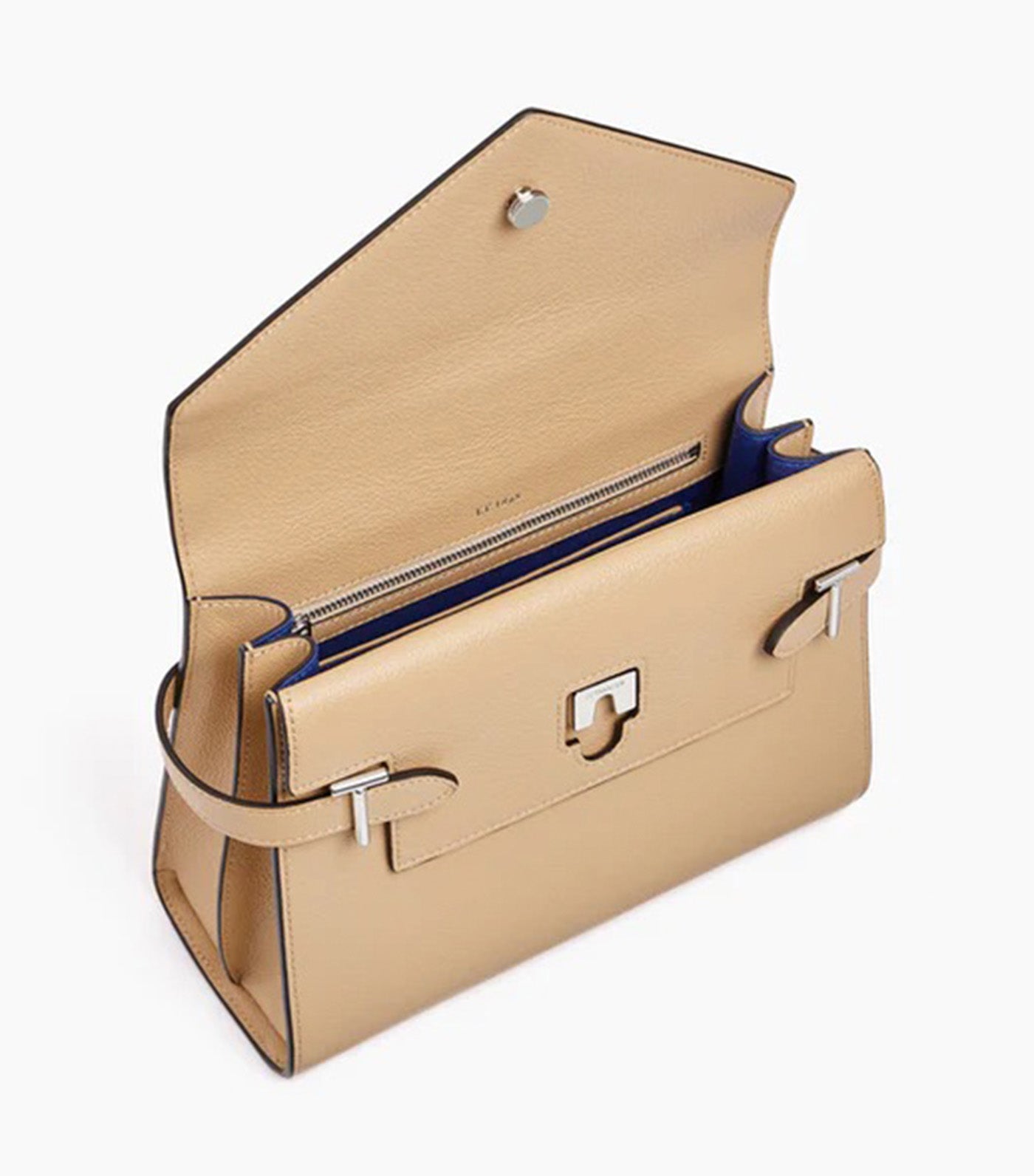 Le Tanneur Emily Medium Double Flap Handbag in Grained Leather Desert Beige