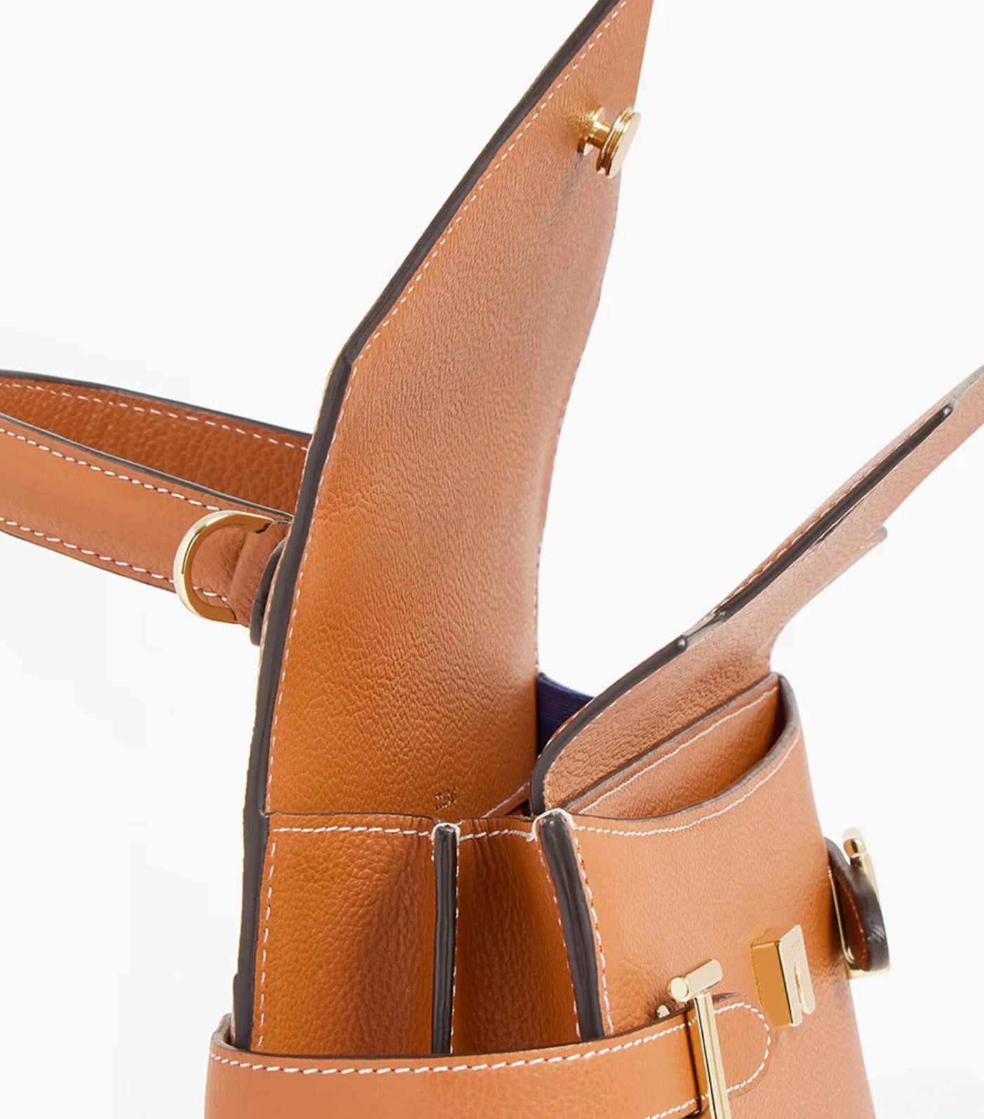 Le Tanneur Emily Medium Double Flap Handbag in Grained Leather Brown Tan