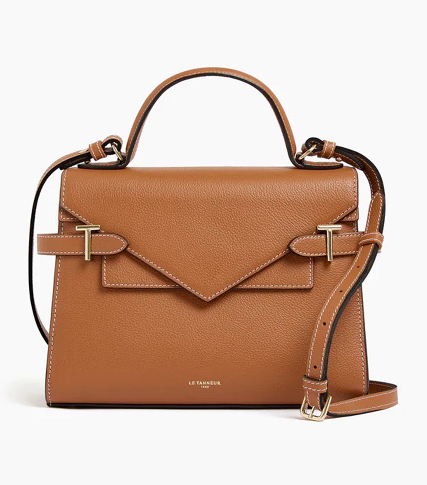 Le Tanneur Emily Medium Double Flap Handbag in Grained Leather Brown Tan