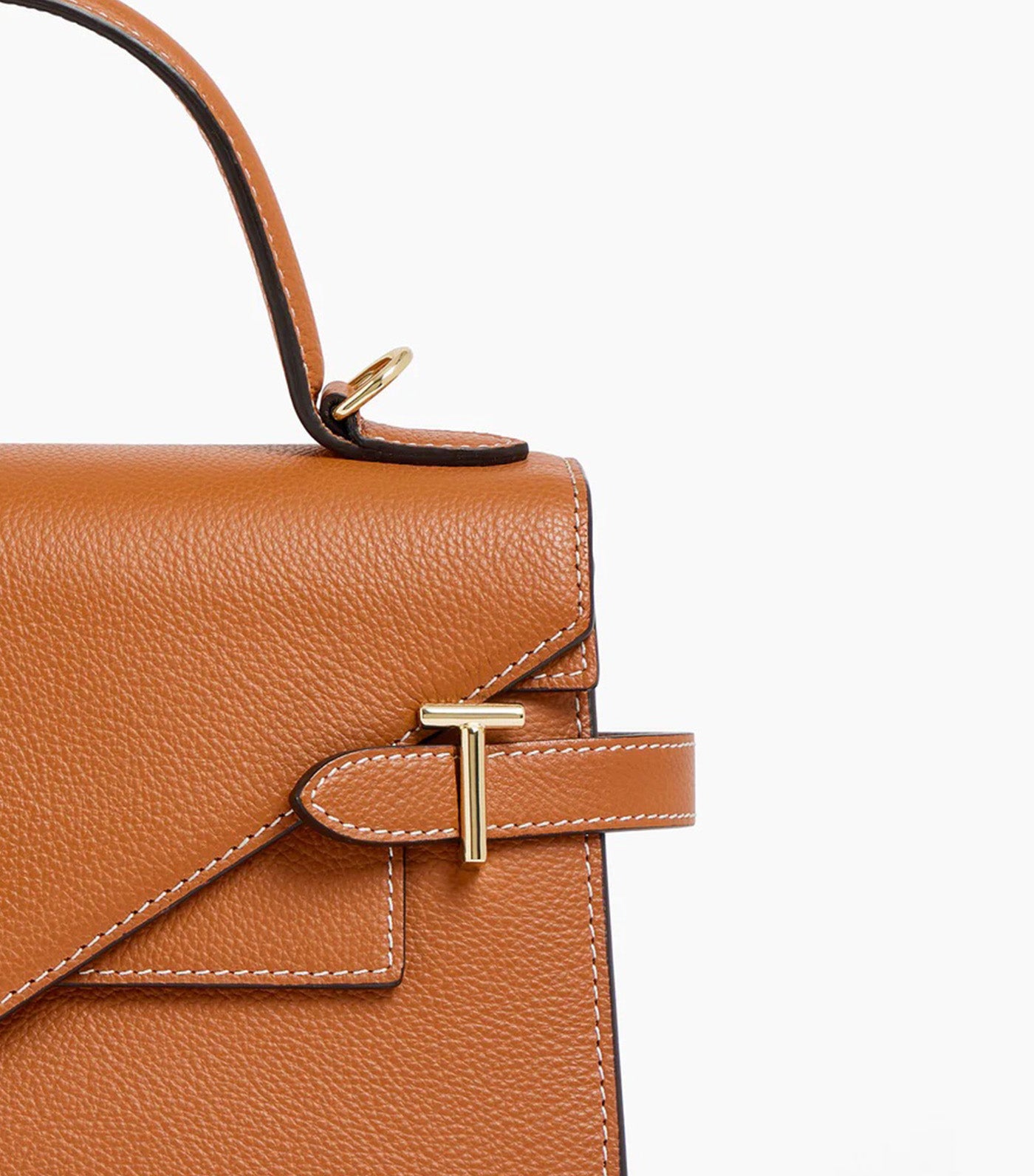 Le Tanneur Emily Medium Double Flap Handbag in Grained Leather Brown Tan