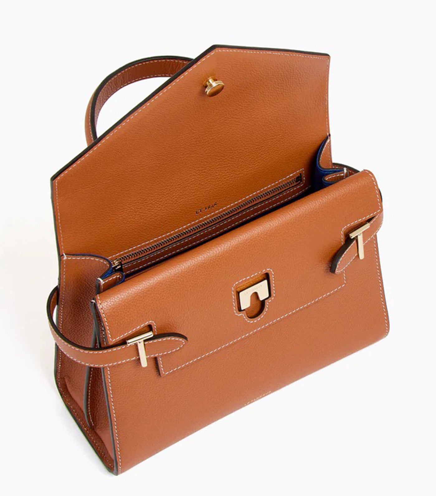 Le Tanneur Emily Medium Double Flap Handbag in Grained Leather Brown Tan