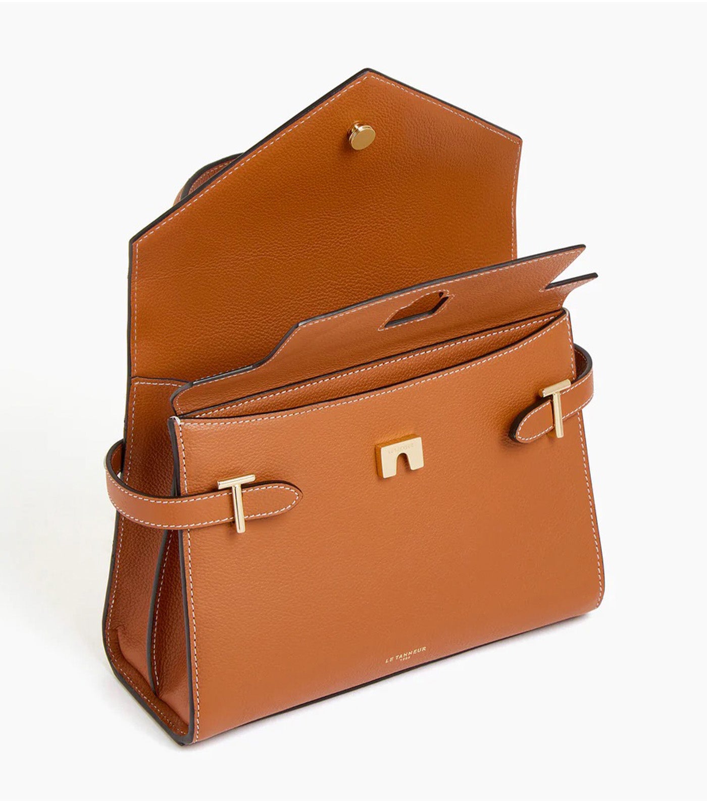 Le Tanneur Emily Medium Double Flap Handbag in Grained Leather Brown Tan