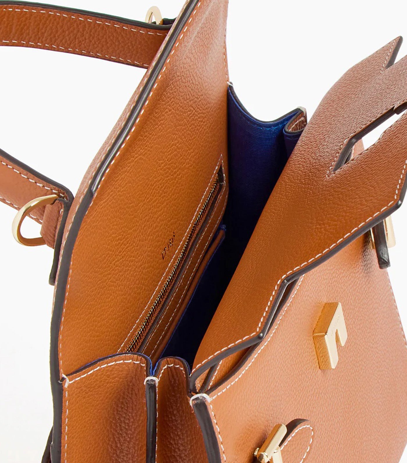 Le Tanneur Emily Medium Double Flap Handbag in Grained Leather Brown Tan