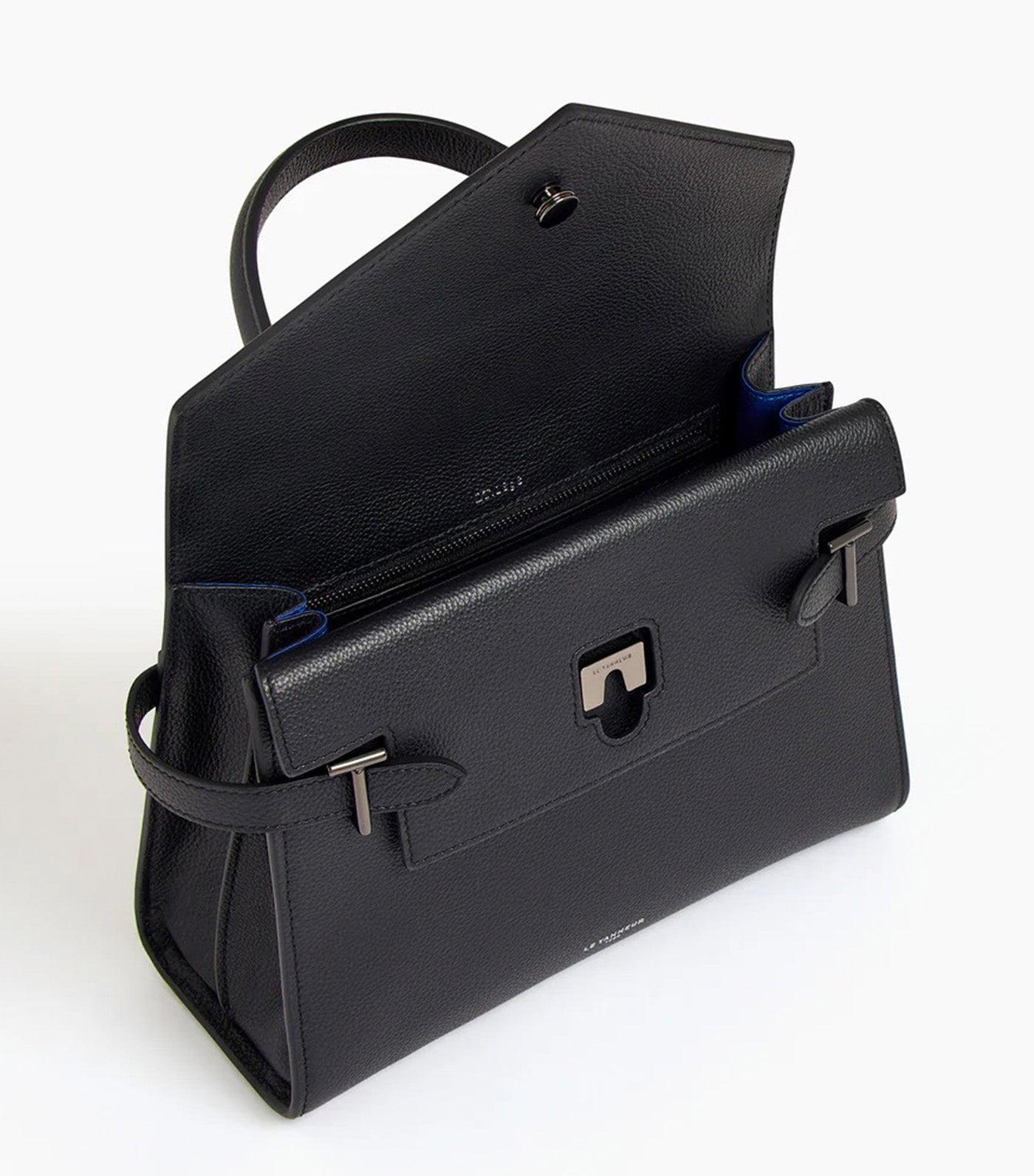 Le Tanneur Emily Medium Double Flap Handbag in Grained Leather Black