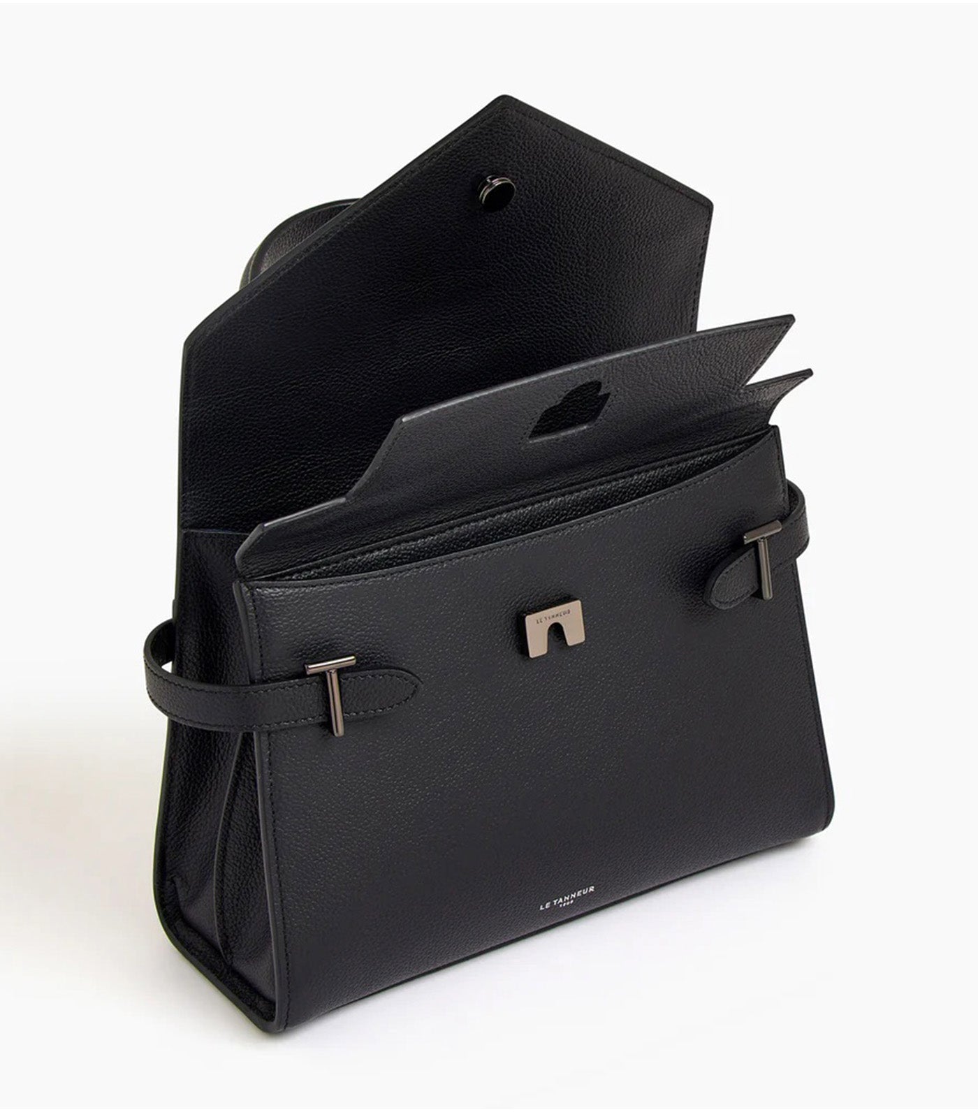 Le Tanneur Emily Medium Double Flap Handbag in Grained Leather Black