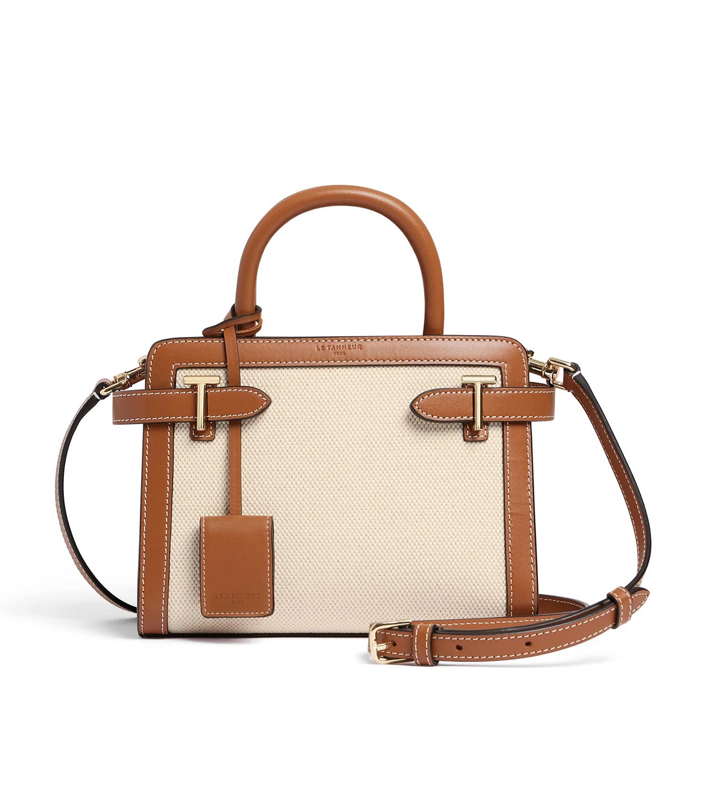 Le Tanneur Emilie Small Handbag in Cotton Canvas and Smooth Leather Natural Brown Tan