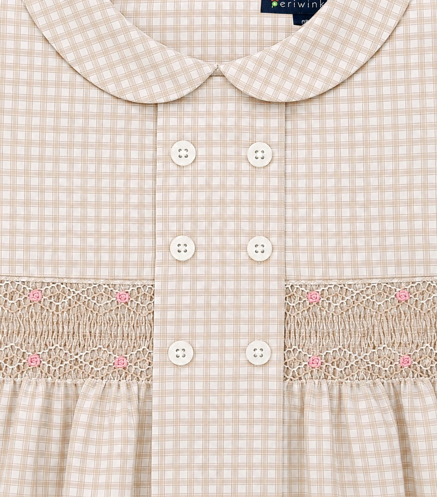 Sonya Girls Checkered Smocked Dress with Bow Clip Beige