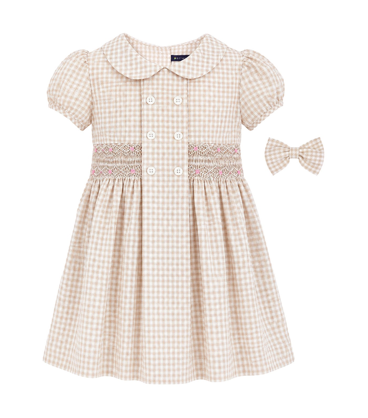 Sonya Girls Checkered Smocked Dress with Bow Clip Beige