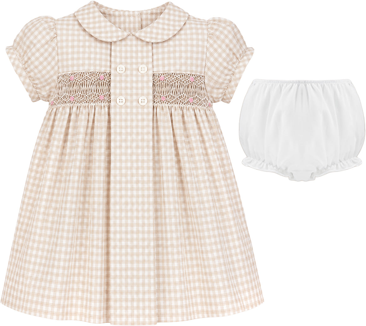 Sonya Baby Girls Checkered Smocked Dress Beige