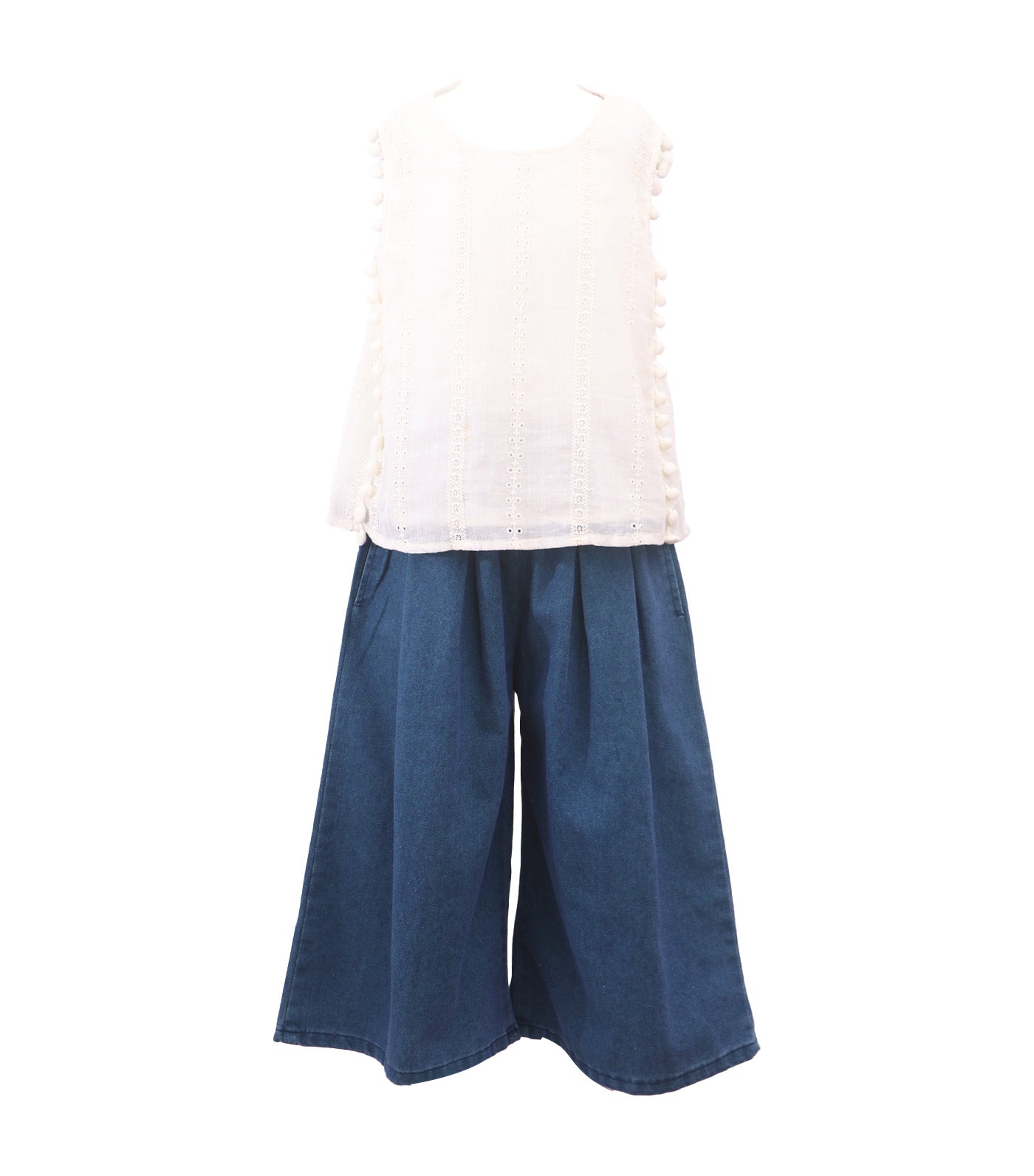 Imogen Short Sleeve Eyelet with Denim Pants Set White/Blue