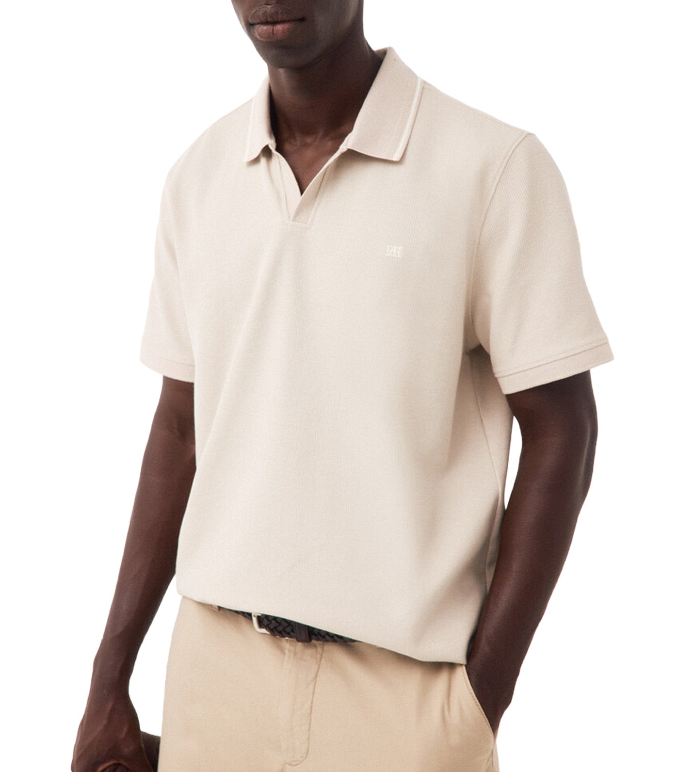 Open Neck Structure Polo Shirt Beige