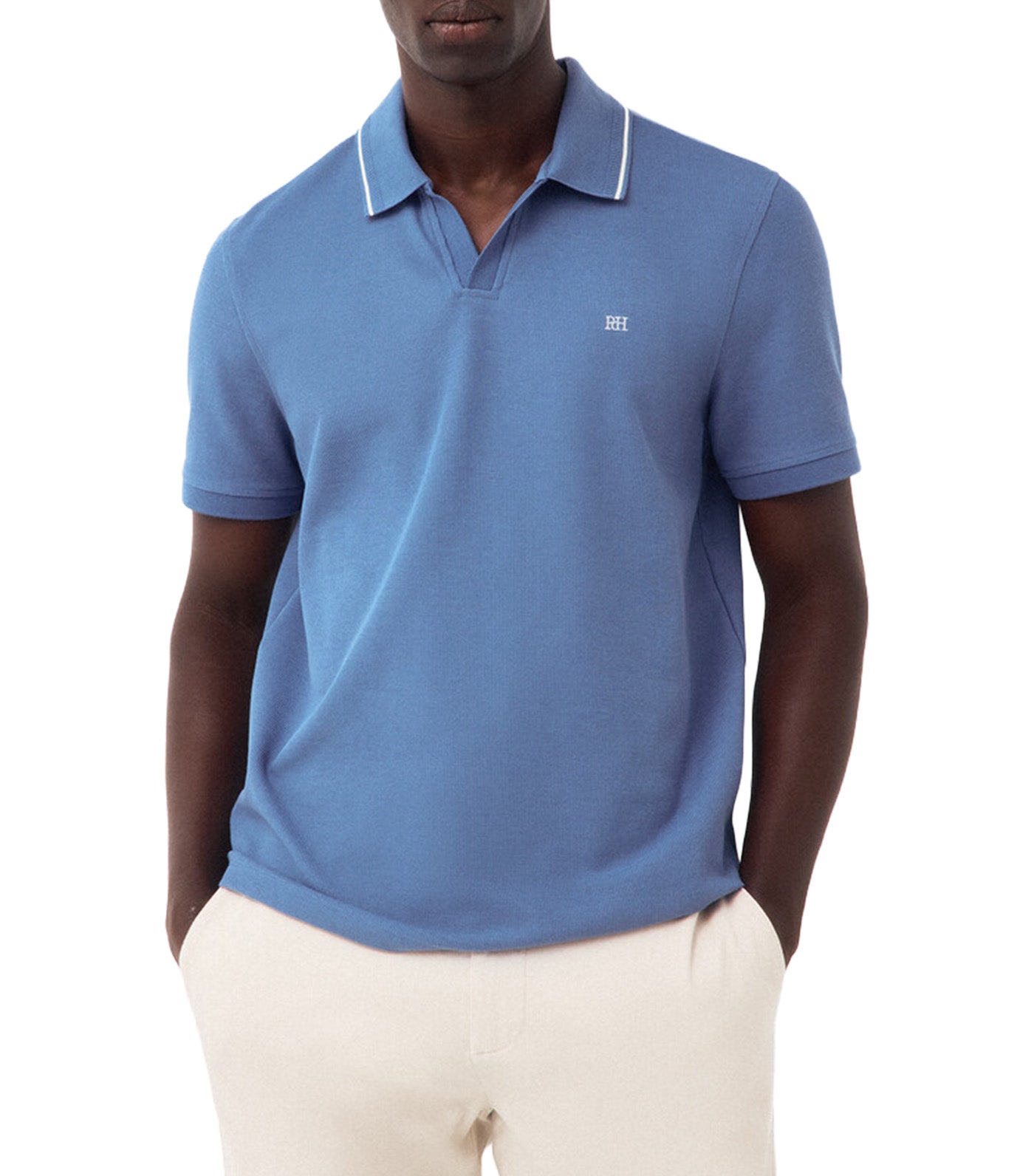 Open Neck Structure Polo Shirt Blue