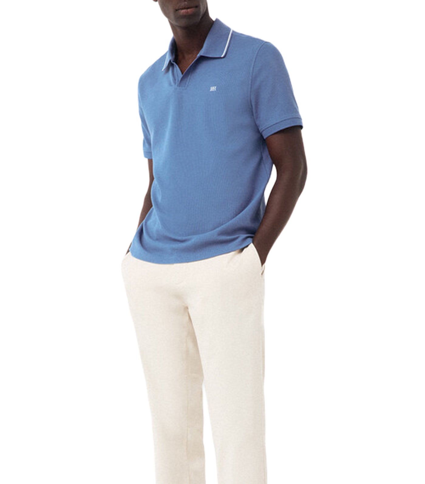 Open Neck Structure Polo Shirt Blue