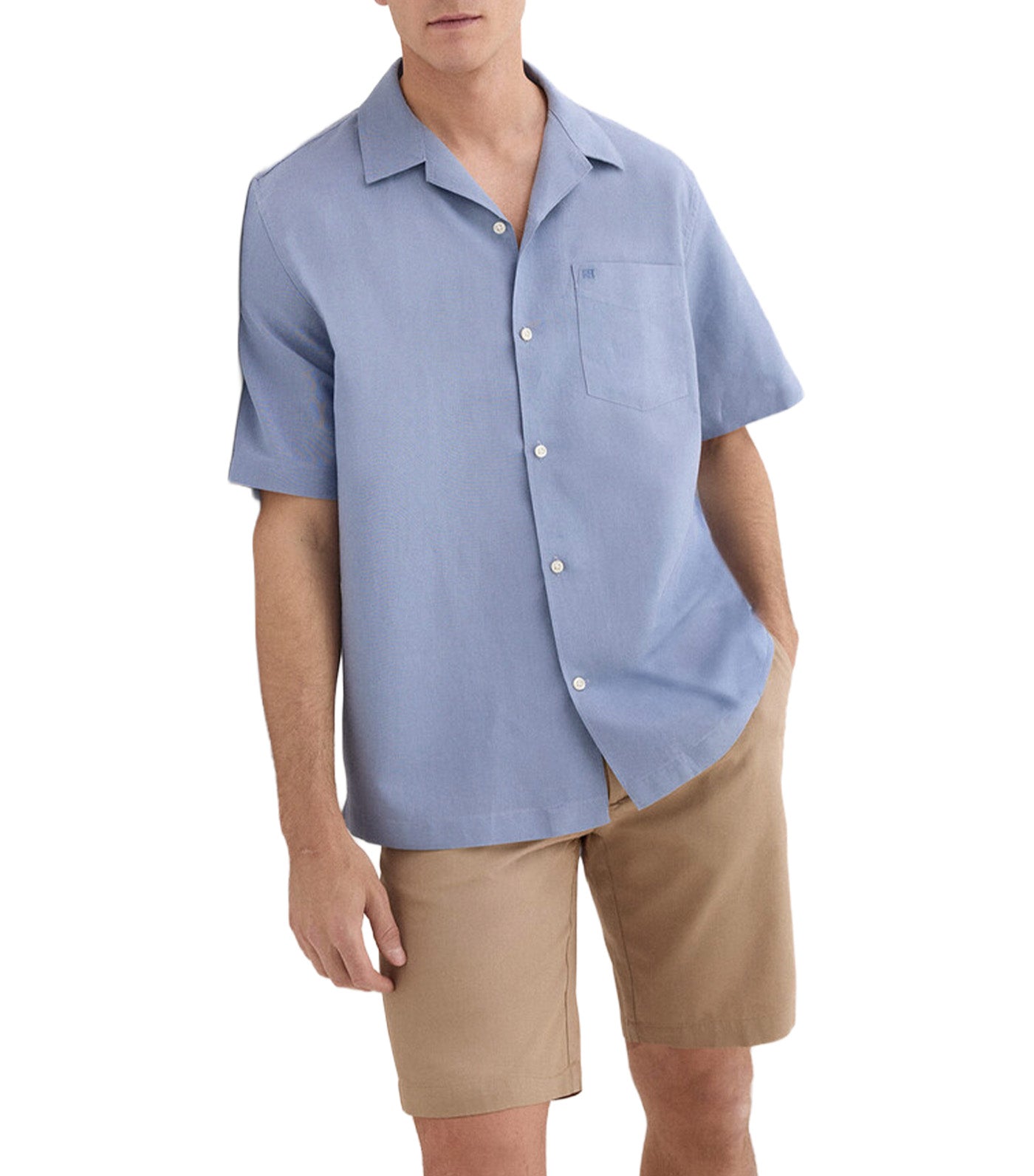 Short-Sleeved Cotton Linen Shirt Blue