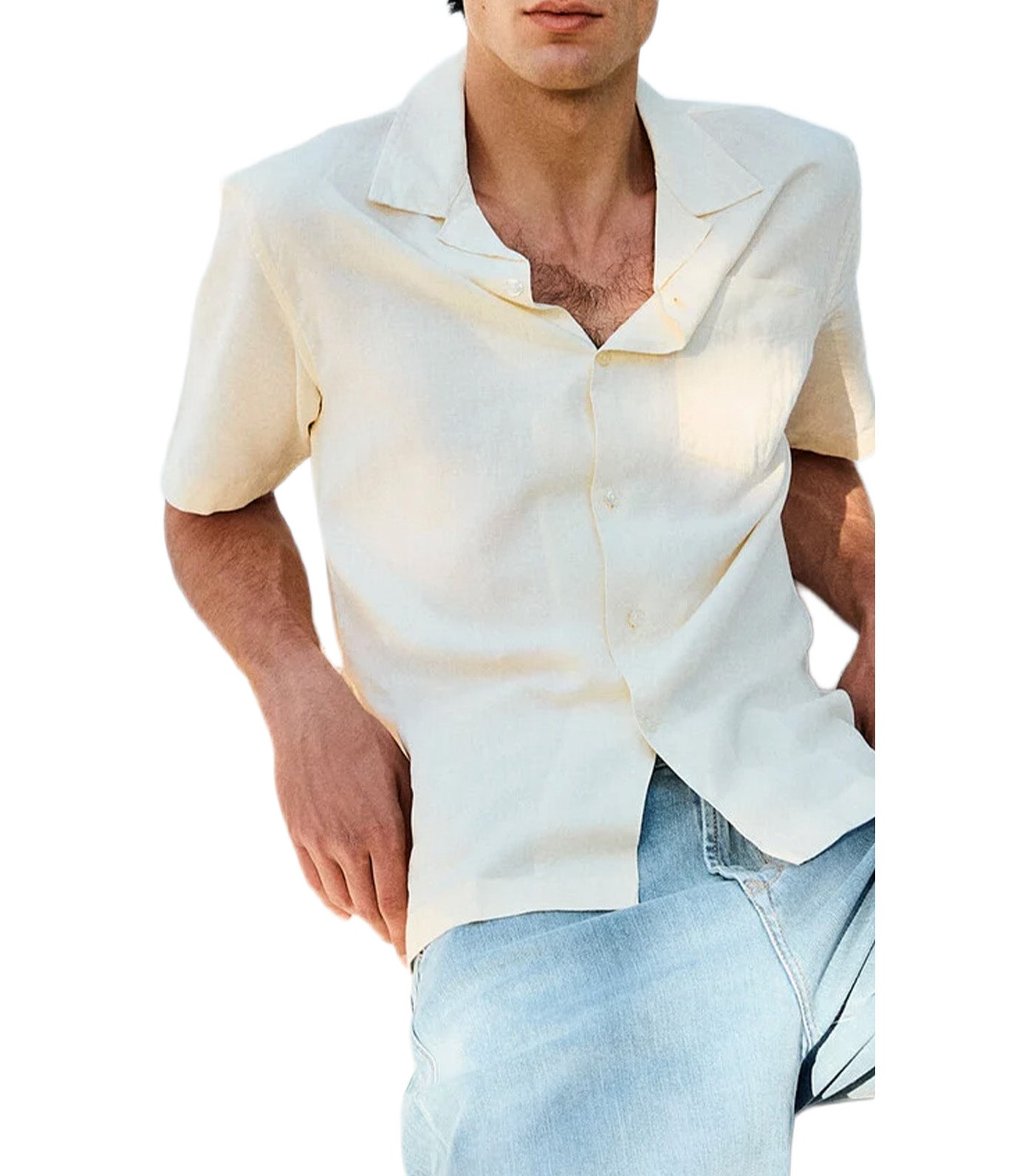 Short-Sleeved Cotton Linen Shirt Yellow