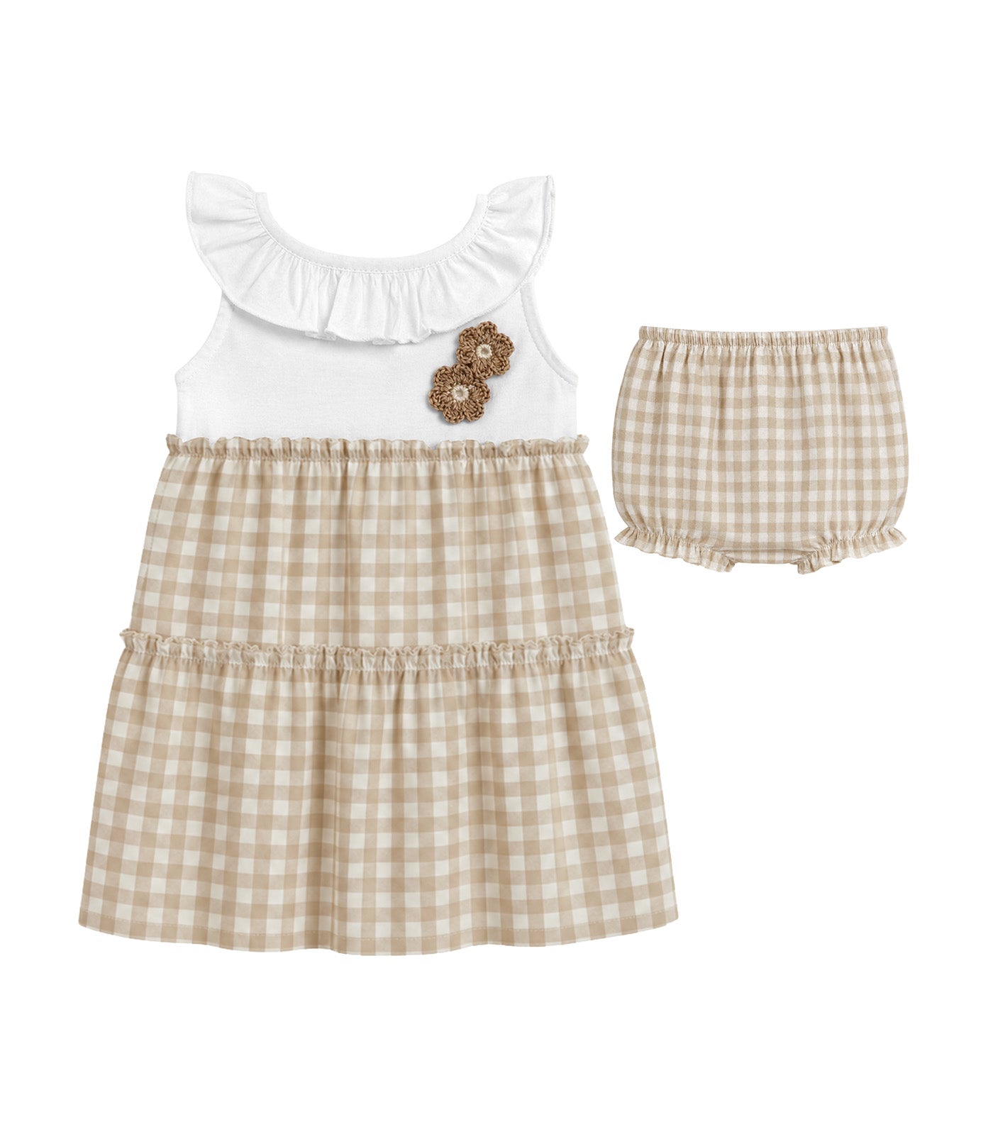 Mench Baby Girls Checkered Tiered Dress Beige