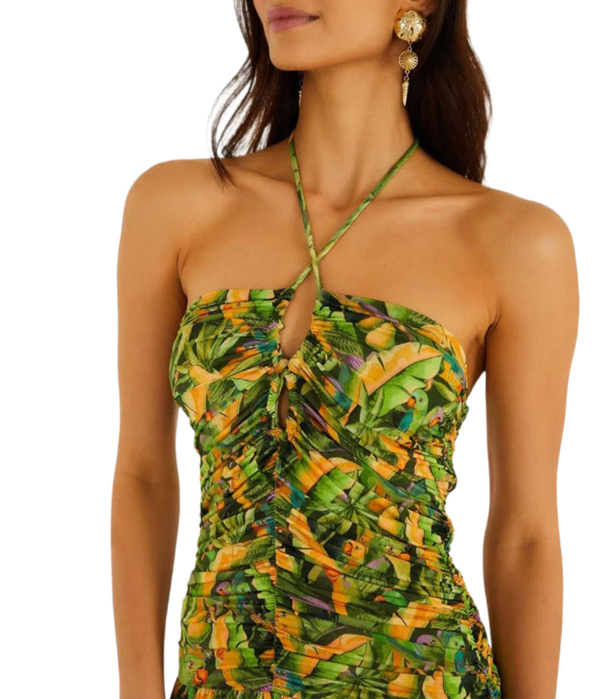 Green Forest Parrots Ruched Bodice Maxi Dress Green