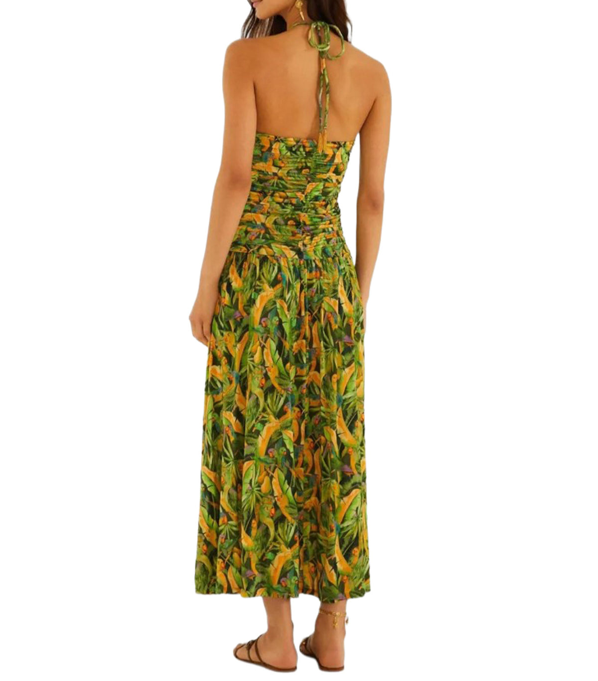 Green Forest Parrots Ruched Bodice Maxi Dress Green