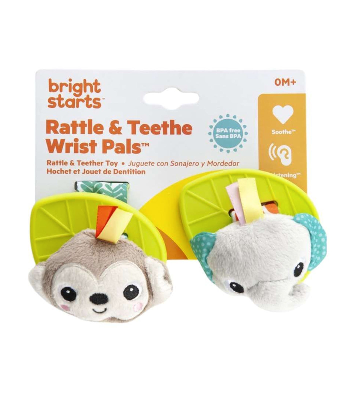 Bright Starts Rattle & Teethe Wrist Pals Toy, Monkey, and Elephant